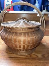 Round Rattan Split Bamboo Woven Wicker Basket Brown 2Pc Lidded Handles picture
