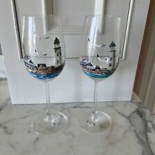 vintage Scituate MA hand painted signed pair 2 wineglasses Lighthouse Seagulls picture