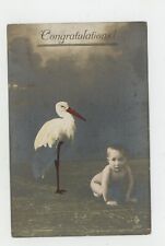 Vintage Postcard GREETNGS CONGRATULATIONS BABY ANNOUNCEMENT STORK UNPOSTED picture