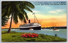 Transportation~Miami FL~SS Florida Passing Thru Channel~Tichnor Vintage Postcard picture