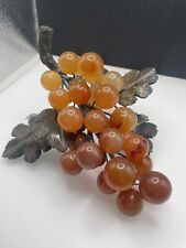 Vintage MCM Glass Grapes. 30 Grapes On Bunch Light Orange Lucite. Metal Leaves. picture