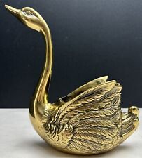 Vintage Brass Swan Statue Ornate 7.5” Tall Planter Neck Stretched Upwards picture