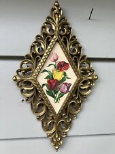 Vintage 1975 Burwood Products MCM Wall Art Rustic Faux Wood Diamond Frame Floral picture