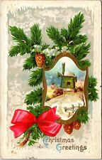 Christmas Greetings Windmill Red Bow Embossed DB 1907-15 Posted Antique Postcard picture