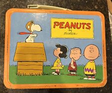 Vintage 1970s PEANUTS Lunch Box No Thermos Metal Lunchbox Orange Rim Snoopy picture