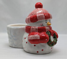 Vtg Ceramic Snowman Red Hat Red Mittens Christmas Wreath Large Candle Holder picture