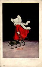 Vintage Postcard Sunbonnet Babies Little Girl in Red & Sled January Posted 1906 picture