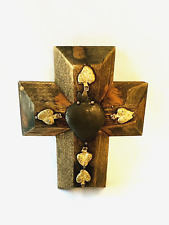 Vintage Milagros Wood Cross Sacred Heart 3D Signed & Dated 6.5