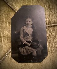 Antique Tintype Photo Young Girl Large Gold Necklace w/ Cameo & Hat in Lap picture