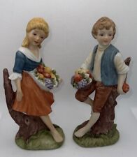 Rare Vintage Lefton 470 Hand Painted Boy & Girl Figurines Harvest Fruit Baskets picture