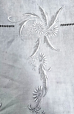 Vintage Heavily Embroidered Linen Tablecloth with Drawnwork & Monogram VV210 picture