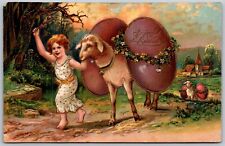 Vtg Easter Greetings Girl Leads Lamb Carrying Exaggerated Eggs 1907 PFB Postcard picture
