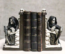 Gothic Grim Reaper Sitting On Skulls And Skeleton Bones Thrones Bookends Statue picture