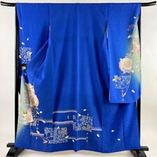 63.4inc Japanese Kimono SILK FURISODE Umbrella Cherry blossoms Blue picture