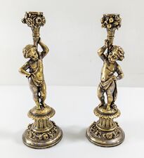 Antique Pair of French Napoleon III Silvered Bronze Putti Cherub Candlesticks picture