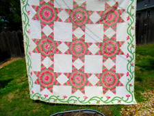 VTG 87X88 BRIGHT PINK GREEN HANDMADE LAYMONE STAR COTTON CUTTER OR REPAIR QUILT picture
