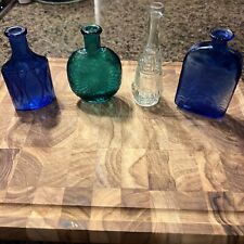 Lot of 4 vintage mini glass decanter bottles| cobalt blue| emerald | clear picture