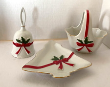 Vtg Mount Clemens Pottery Ribbon And Holly Bell Basket Tree Plate Christmas 1986 picture