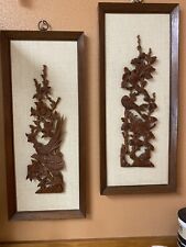 Pair Of MCM 1960s Carved Wood Wall Art Framed Floral Birds 3D picture