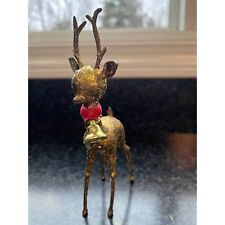 Vtg 1960's Gold Speckled Reindeer With A Bell And Red Velvet Collar picture