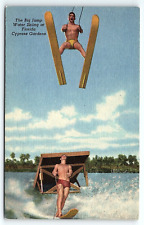 1952 CYPRESS GARDENS FLORIDA FL BIG JUMP WATER SKIING LINEN POSTCARD P2652 picture