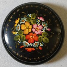 Vintage Russia Hand Painted Black Lacquer Round Trinket Box Flowers Gilded Gift picture