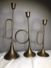 Vintage Brass Taper Graduated Candle Holders Set of 3 Trumpet Horn Bugle India picture