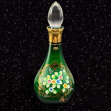 Antique Bohemian Raised Flowers Emerald Green Gold Glass Decanter 9.25”T 4”W picture