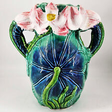 Vintage Italian Majolica ceramic vibrant water lily large ornate vase Italy picture
