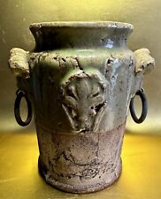 Vintage Rare Lion's Head Handlles Fleur De Lys Art Pottery Majolica Jar picture