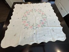Vintage Cross Stitch Embroidered Floral Linen Table Cloth Scalloped Edge 40x40
