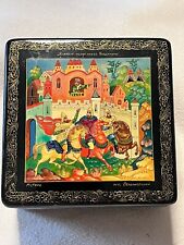 VINTAGE RUSSIAN USSR BLACK LACQUER HAND PAINTED Titled SIGNED BOX  ~3 X 2” picture