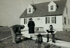 Two Men Working On Yard Lamp Post Woman Watching B&W Photograph 3.5 x 5 picture
