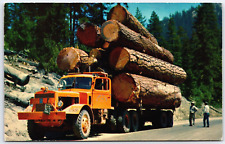 Postcard Diesel Logging Truck Loaded Vtg Roundated 1962 picture