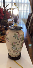 Vintage Chinese Hand Painted Floral Porcelain Lamp Wood Base picture