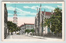 Postcard Church Street Showing Huguenot and St. Philips Church Charleston, SC picture
