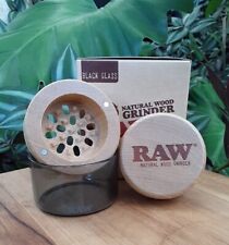 RAW Rolling Papers Natural Wood Grinder x GR8TR 3pc BLACK GLASS 65mm Fine Grind picture