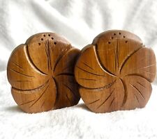 Vintage Carved Wooden Hibiscus Flower  Salt And Pepper Shaker 1940s Hawaii 19402 picture