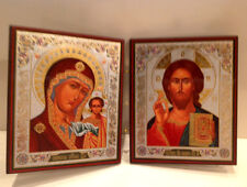 Russian Diptych Icon Virgin of Kazan and Christ the Pantocrat 9 2/8
