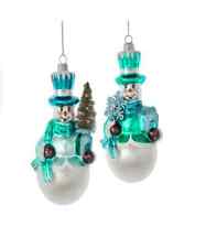 Snowman Christmas Blue White Vintage Inspired Set 2 Glass Ornament 6