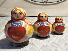 Russian 2005 I Love You Matryoshka Nesting 3 Pce Hand Painted Valentine Doll picture