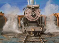 Original Oil Painting  Steam Locomotive  Railroad Trains American Artist picture