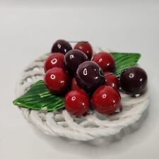 Vintage BASSANO Ceramic Red Cherries in White Basket Tray Figurine Made in Italy picture