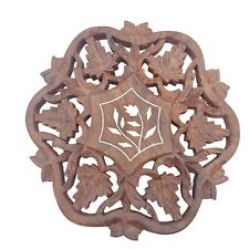 Vintage Carved Wooden Trivet 70s Plant Stand Floral Inlay India Handmade Leaves picture