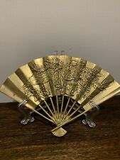 Vintage 60's Asian Solid Brass Fan Chinoiserie Bird or Dragon Motif 11 inch wide picture