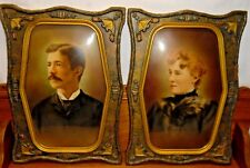 Pair Of Antique Wood & Convex Glass Frames w/ Husband & Wife Pictures picture