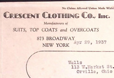 1937 CRESCENT CLOTHING CO NY WALLS ORVILLE OHIO BILLHEAD STATEMENT Z414 picture