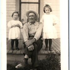 c1910s Old Man & Little Girls SHARP RPPC House Porch Cute Kids Family Photo A174 picture