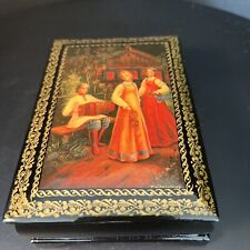 Russian Lacquer Box 2 Sisters Accordion Player Red Interior 5.5in x 3.5in Hinged picture