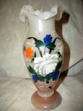 ANTIQUE FRENCH WHITE OPALINE VASE PINK HP FLORAL HANDBLOWN RUFFLE PONTIL MARK picture